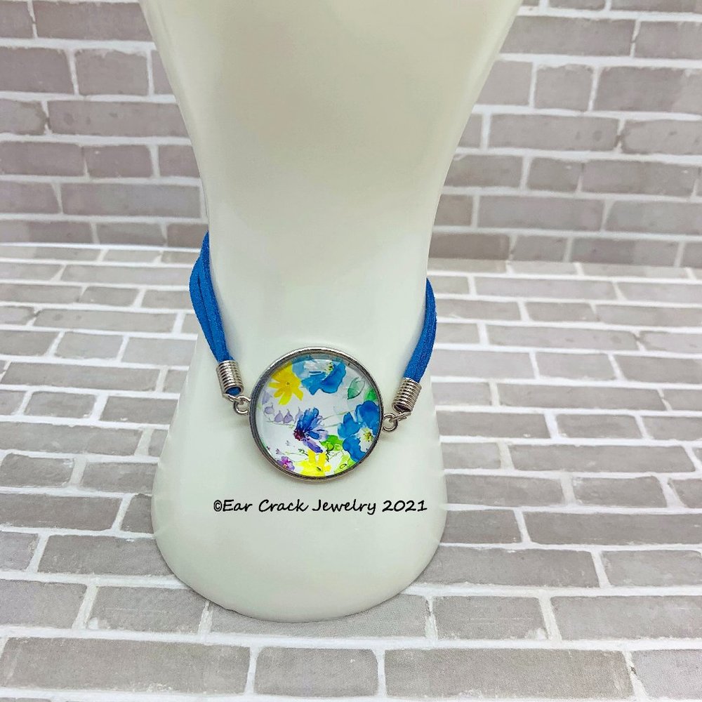 Handmade - Watercolor Floral Blue Leather Adjustable Bracelet